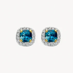 BLUSH – Puces d’oreilles topaze bleue entourée de diamants en or jaune