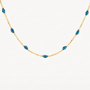 Collier avec pierres en résine bleu intense et or jaune
